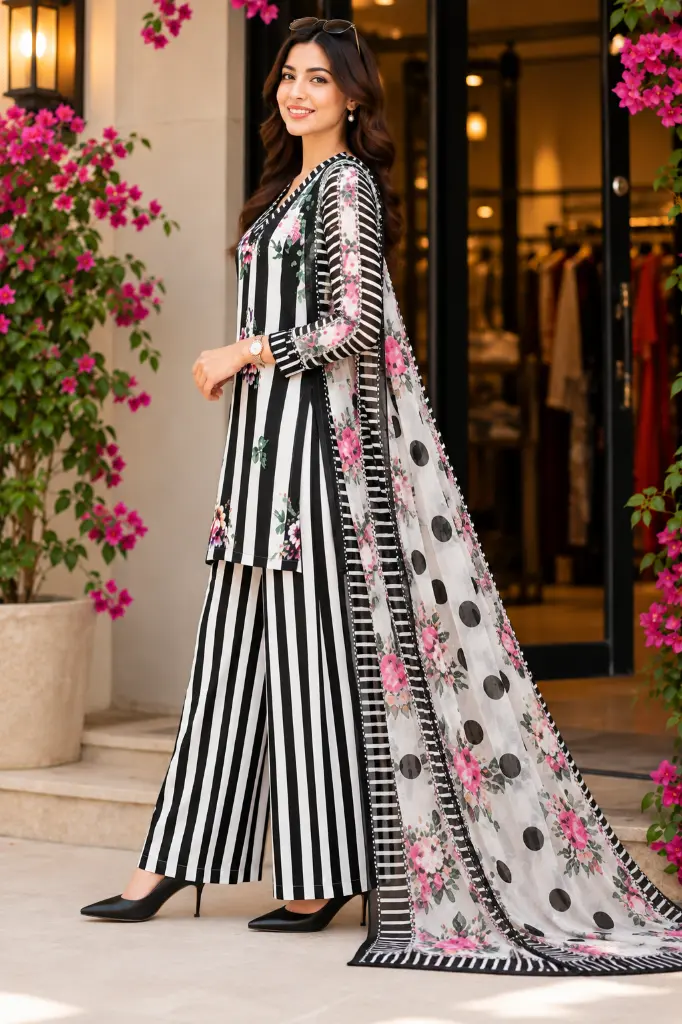 Elegant Striped Fashion at Boutique Entrance.webp