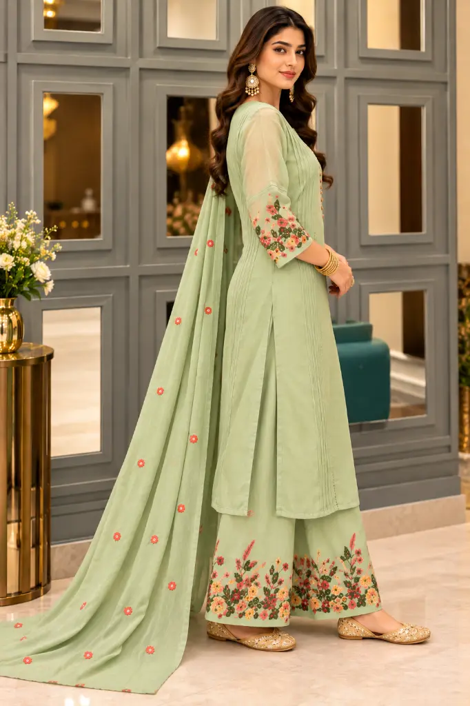 Elegant Sage Green South Asian Fashion Portrait.webp