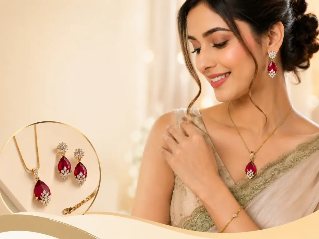 Ruby Red Teardrop Necklace & Earrings Set for Women