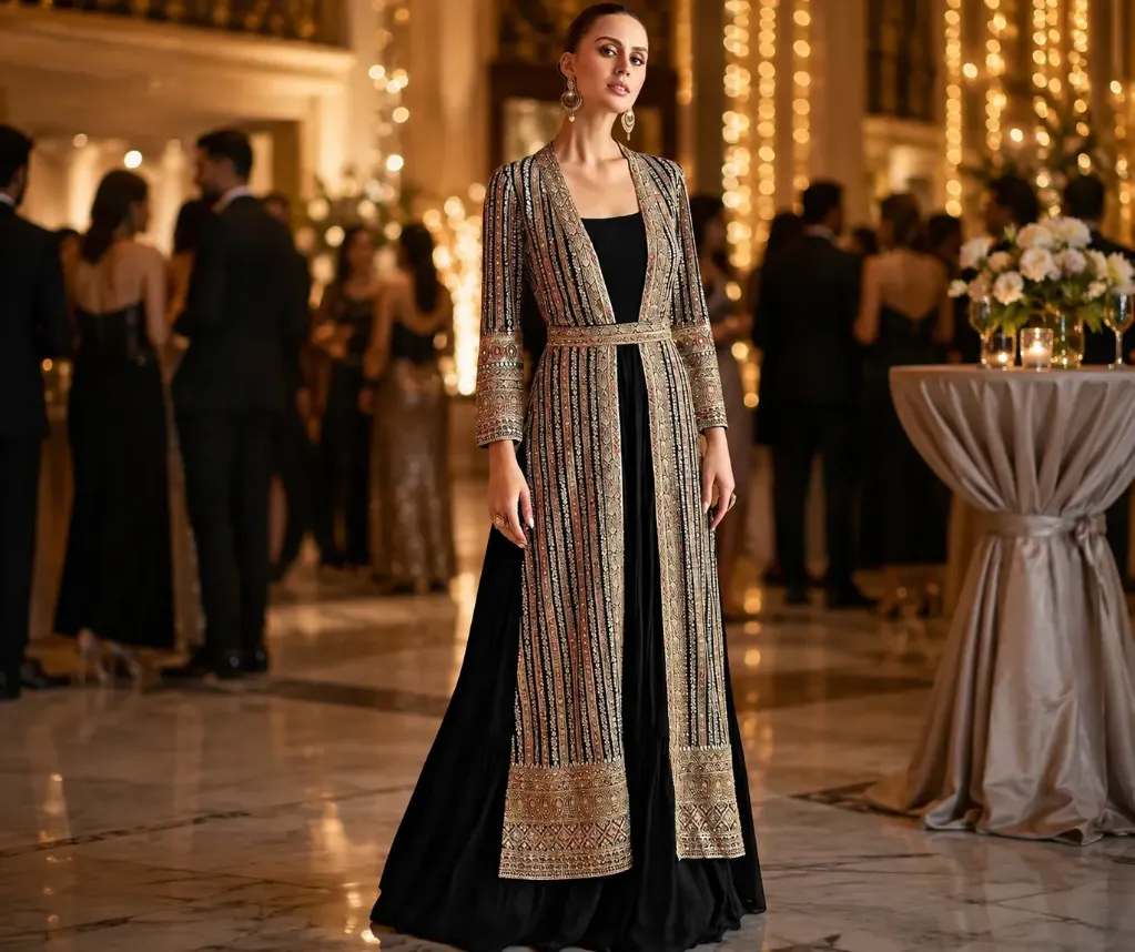 Flared Gown with Long Jacket & Belt.