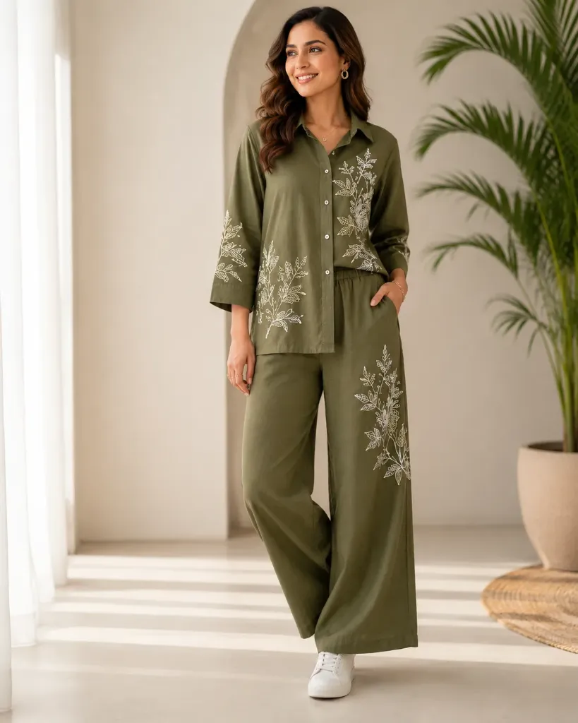 Women’s Olive Green Embroidered Co-Ord Set