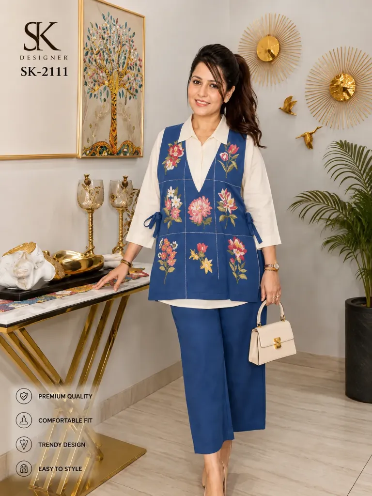 Blue Embroidered Co-Ord Set for Women