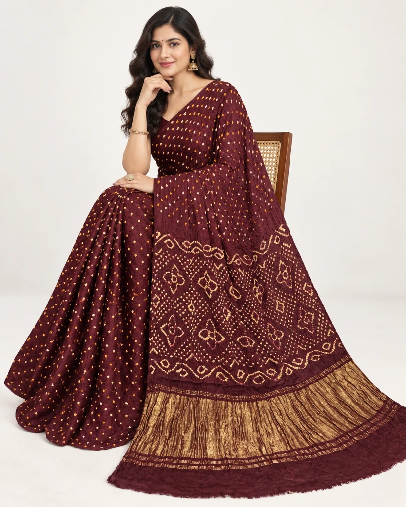 Dark Maroon Gajji Zari Palla Bandhani Saree