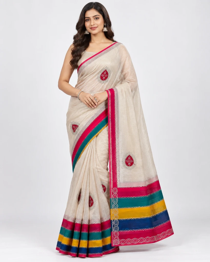 Ivory Multicolor Border Designer Saree