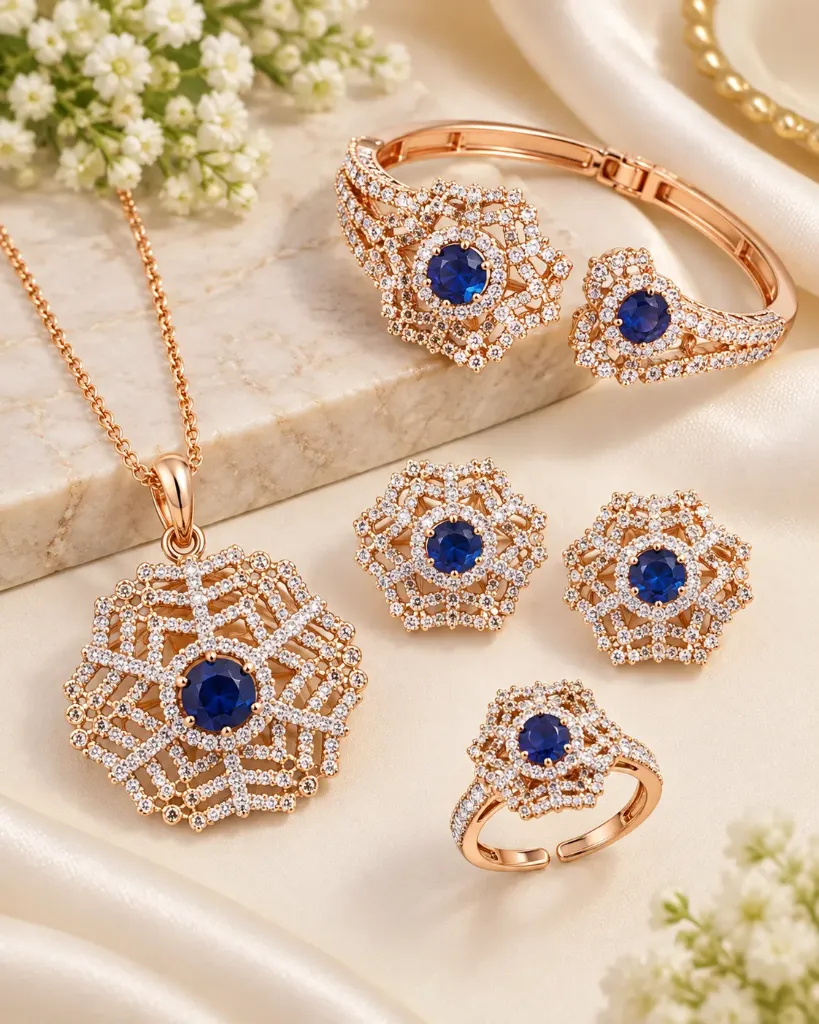Women’s Rose Gold Blue Stone Crystal Jewellery Set
