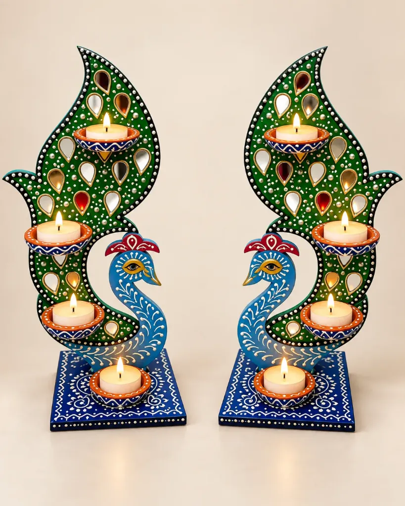Handcrafted Peacock Diya Candle Holder Pair