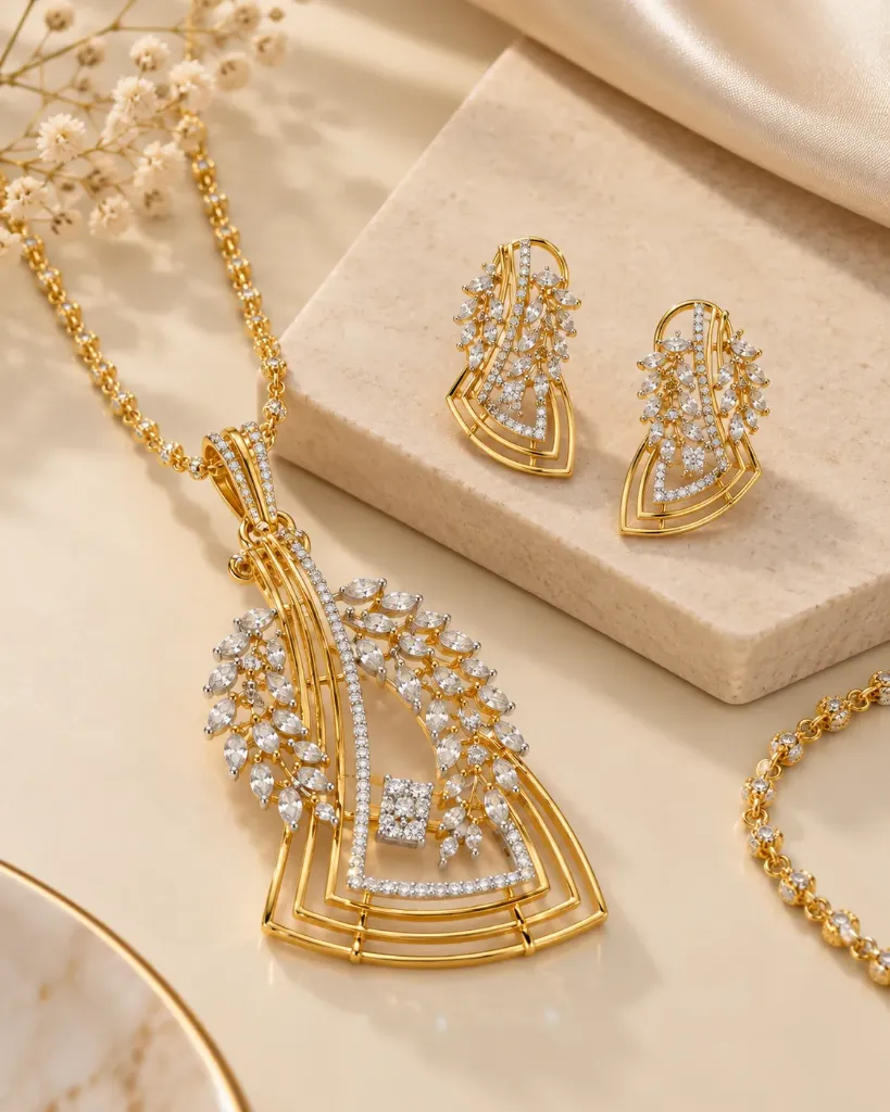 Gold Geometric Diamond Pendant Set
