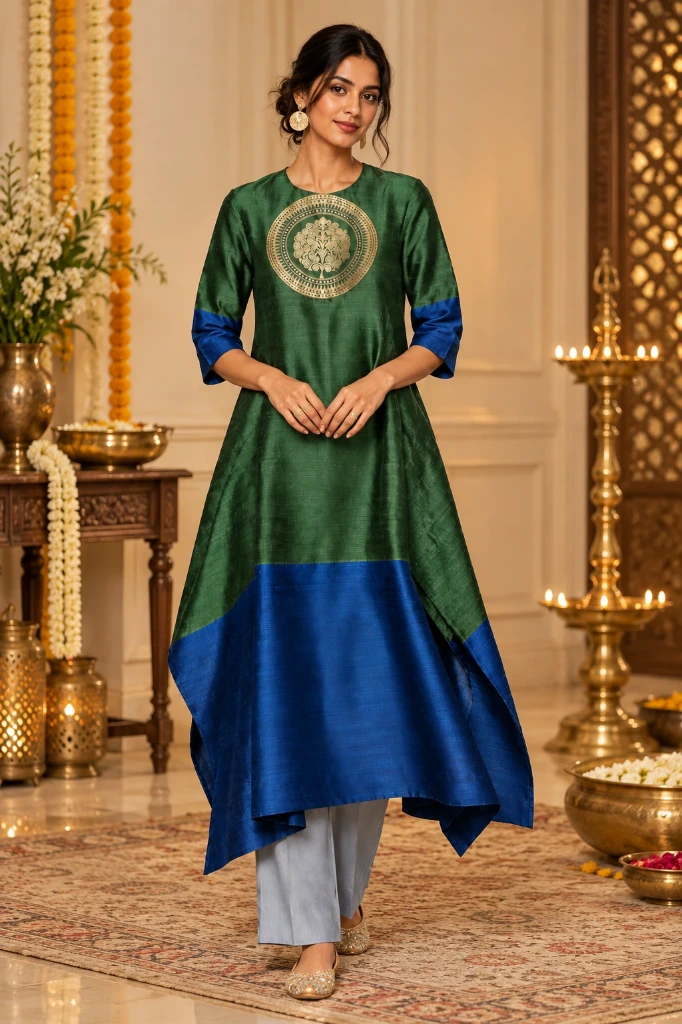 Emerald Green & Royal Blue Asymmetric Silk Kurta Set for Women