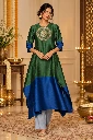 Emerald Green & Royal Blue Asymmetric Silk Kurta Set for Women