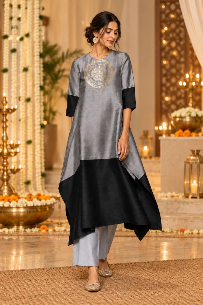 Silver Grey & Black Asymmetric Silk Kurta Set for Women