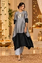 Silver Grey & Black Asymmetric Silk Kurta Set for Women