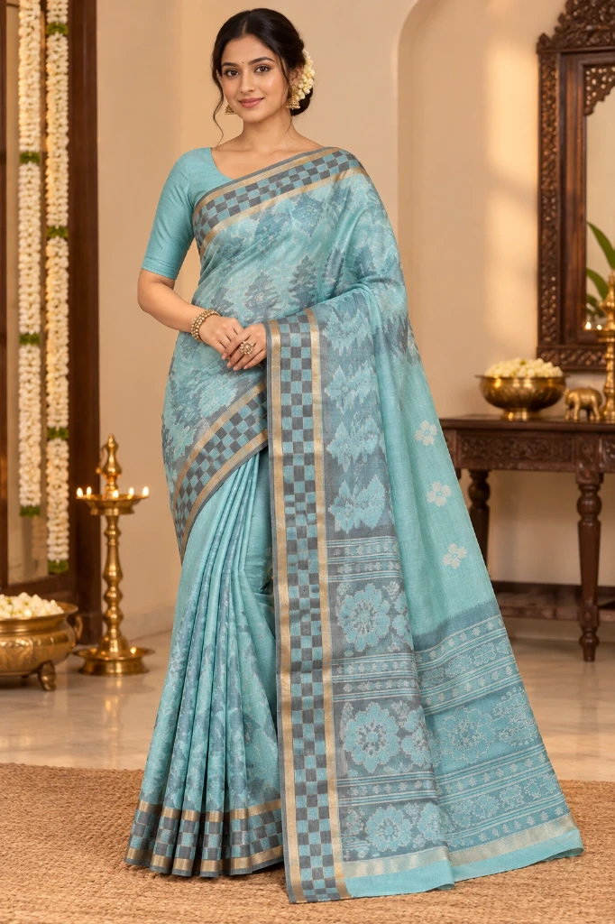 Aqua Blue Woven Floral Handloom Saree with Checked Border