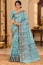 Aqua Blue Woven Floral Handloom Saree with Checked Border
