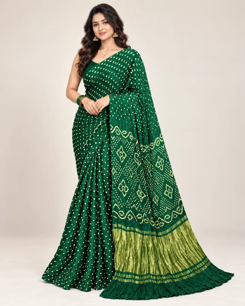 Green Gajji Bandhani Zari Palla Saree for Women – Festive & Wedding Wea