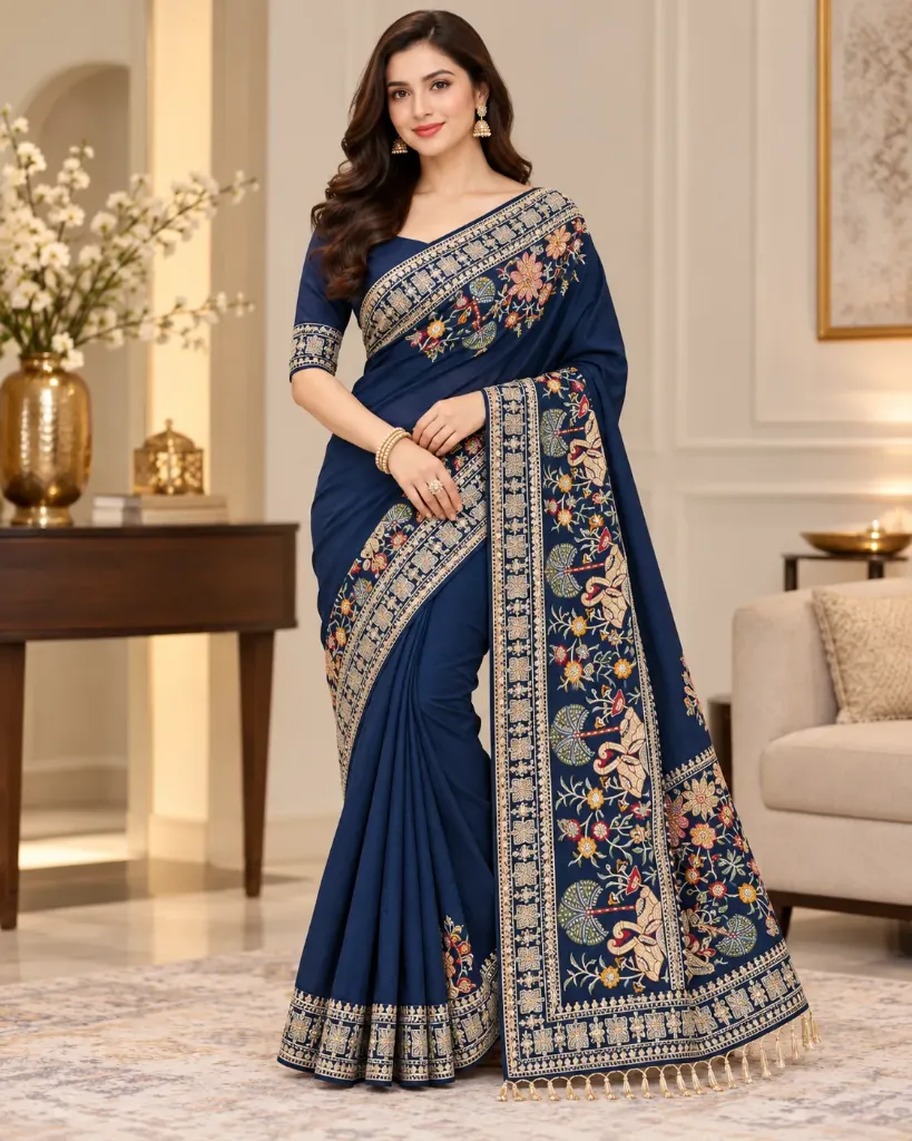 Embroidered Floral Border Designer Saree