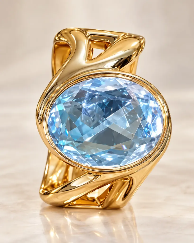 Gold Cuff Bracelet with Blue Crystal