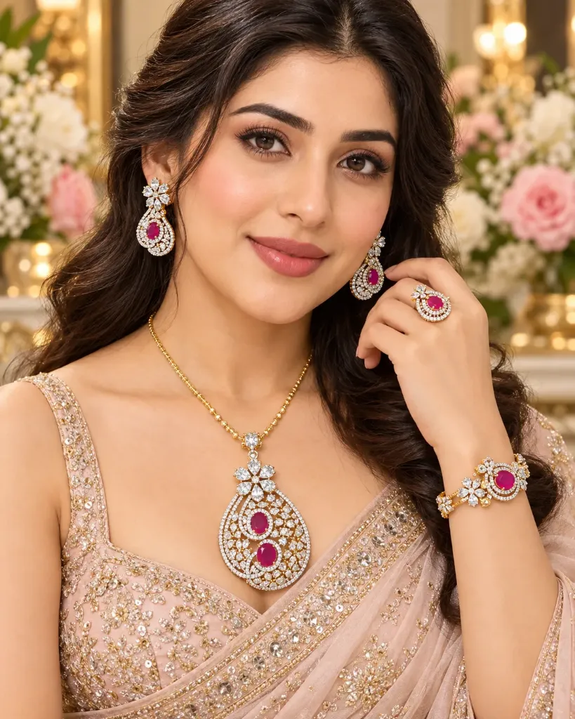 Ruby Crystal Pendant Jewellery Set