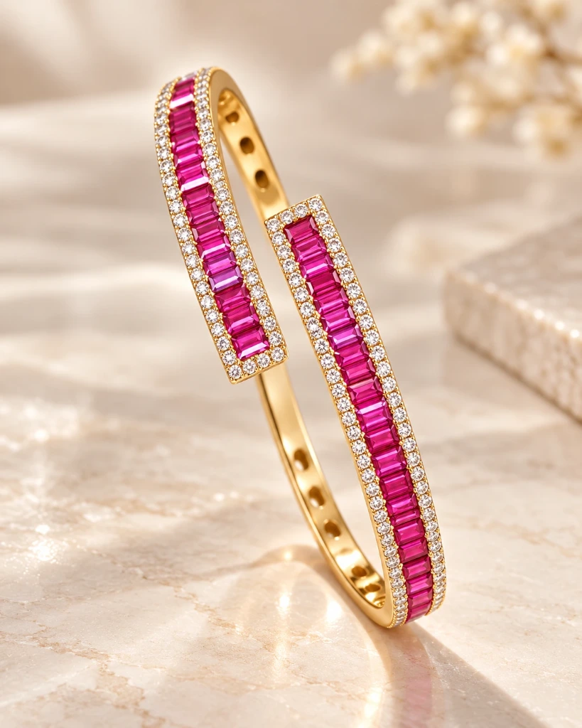 Pink Baguette Gold Cuff Bracelet