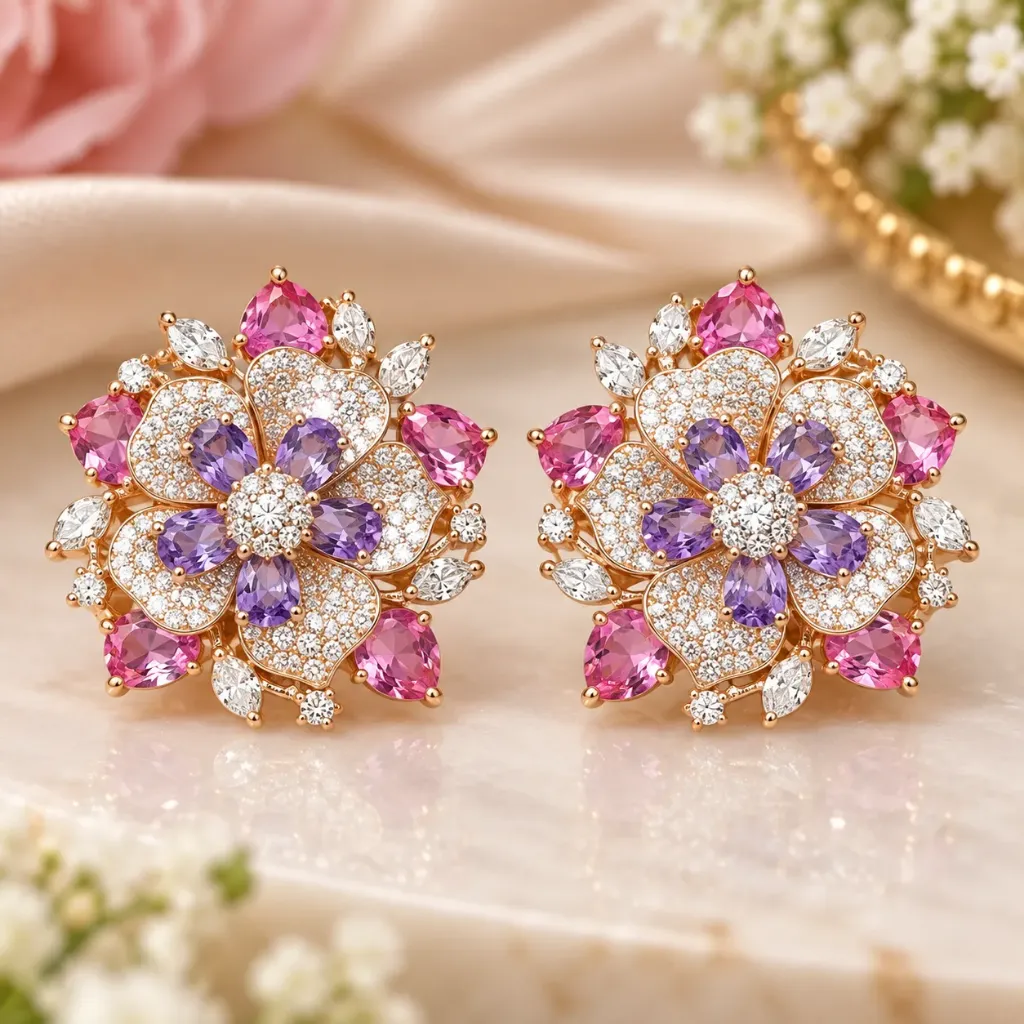 Rose Gold Pink-Purple Floral Stud Earrings