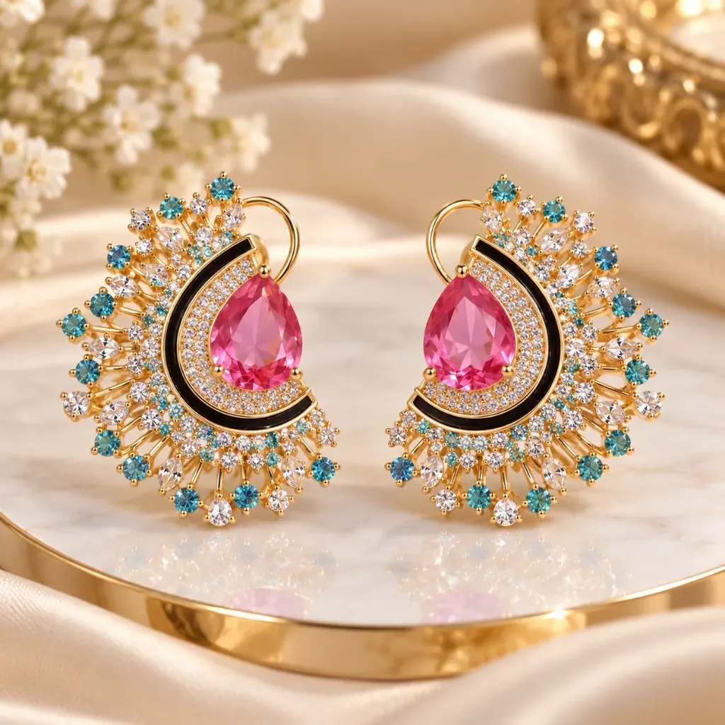 Gold-Tone Pink Gemstone Crescent Statement Earrings