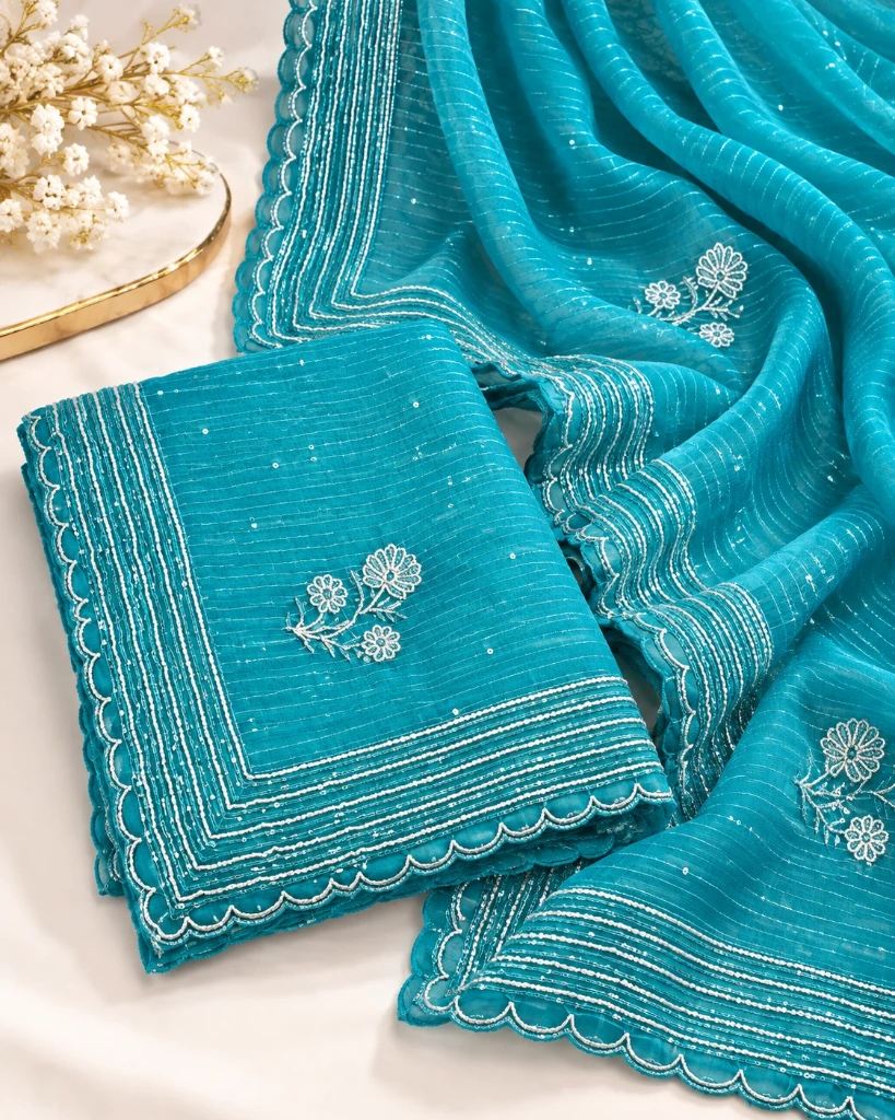 Women’s Shimmer Chiffon Saree with Floral Embroidery & Sequin Border