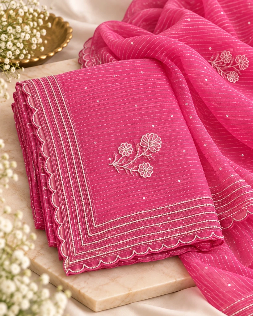 Women’s Shimmer Pink Saree with Floral Embroidery & Sequin Border