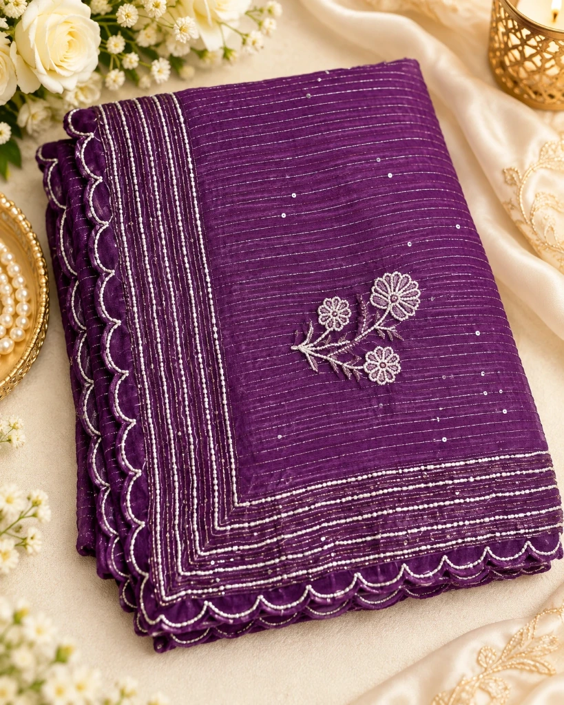 **SEO-Friendly Title:**   **Women’s Shimmer purpil  Saree with Floral Embroidery & Sequin Border**