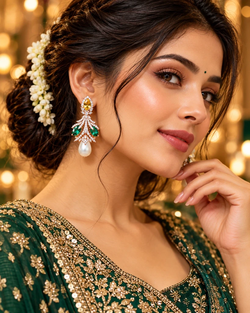 Luxury Multicolor Crystal Statement Earrings with Emerald Green Stones, Yellow Crystals & Pearl Drops – Elegant Wedding & Party Jewelry for Women