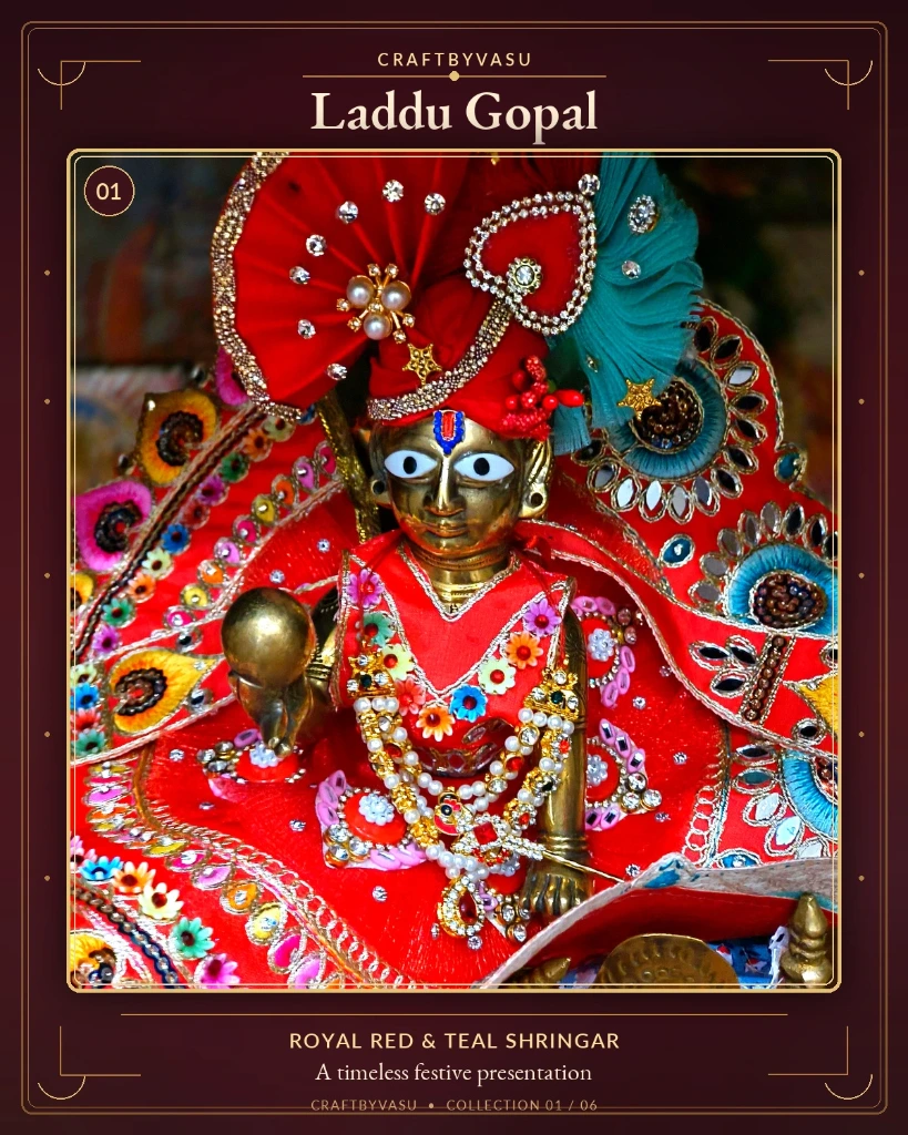 Royal Red & Peacock Blue Mukut with Pearl Jewellery