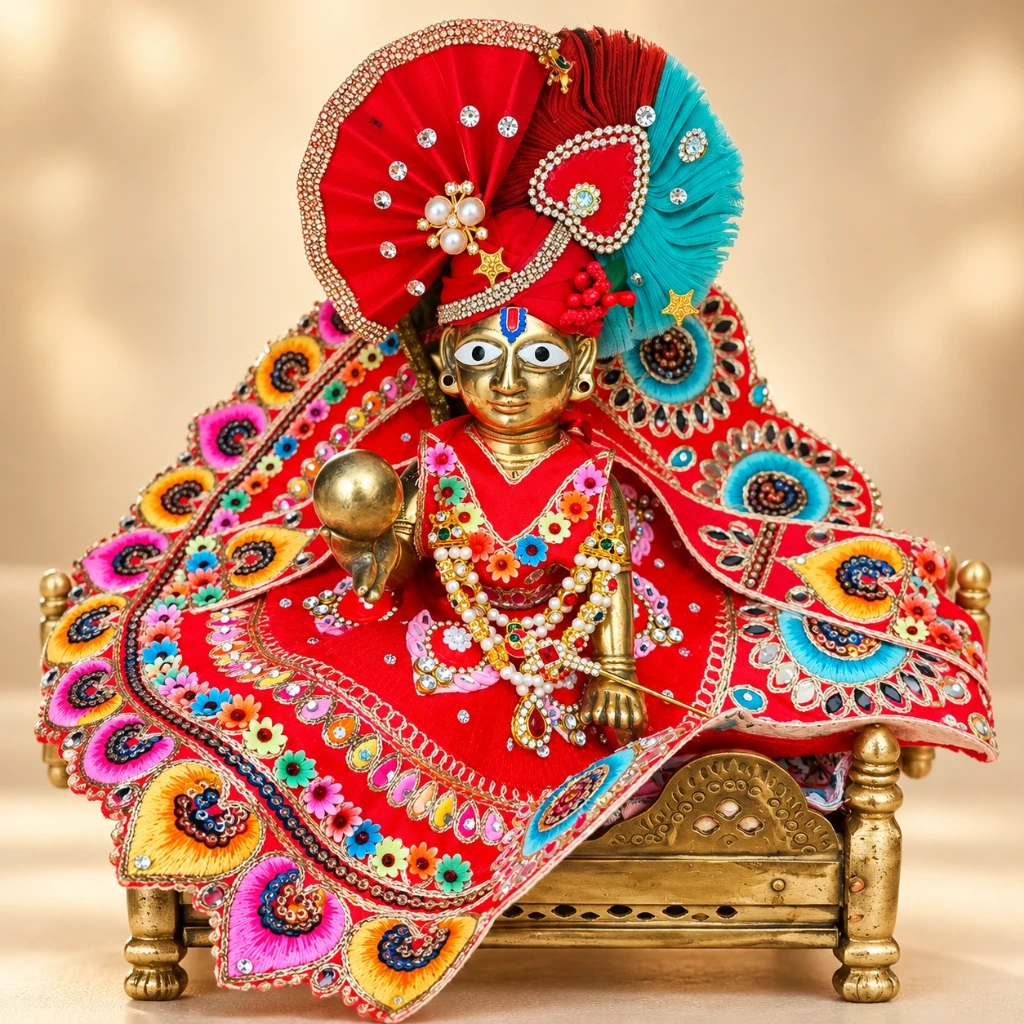 Premium Laddu Gopal Idol with Red Designer Poshak, Pearl Jewellery & Decorative Mukut