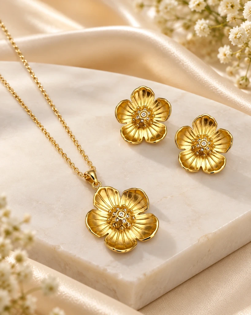 Elegant Gold-Tone Floral Pendant Necklace & Earrings Set