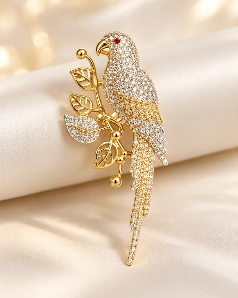 Luxury Crystal Parrot Brooch Pin for Women – Gold Tone