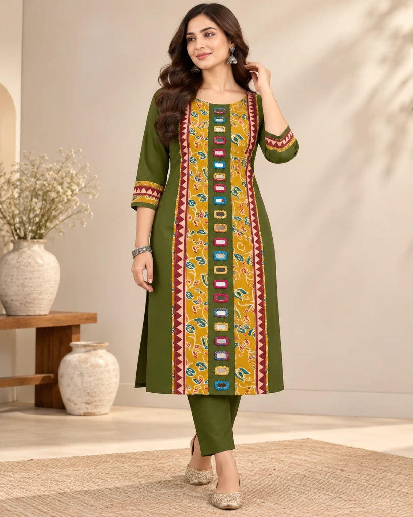 Elegant Olive Green Printed Kurti with Mirror Work