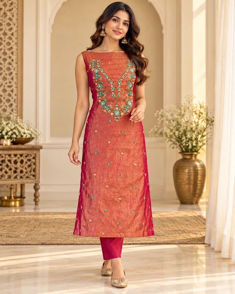 Elegant Coral Pink Floral Embroidered Kurti
