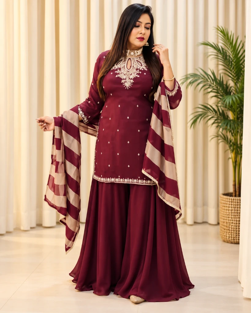Elegant Wine Maroon Embroidered Sharara Suit