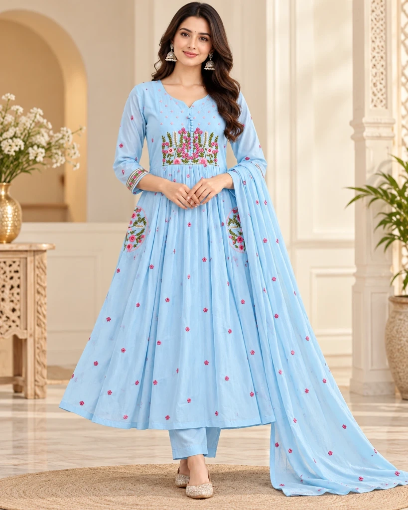 Sky Blue Floral Chanderi Anarkali Suit