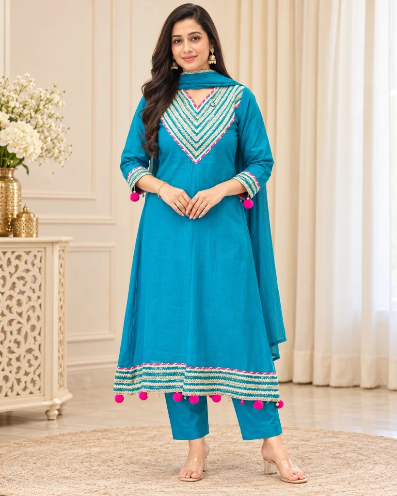 Elegant Teal Blue Embroidered Kurti Set