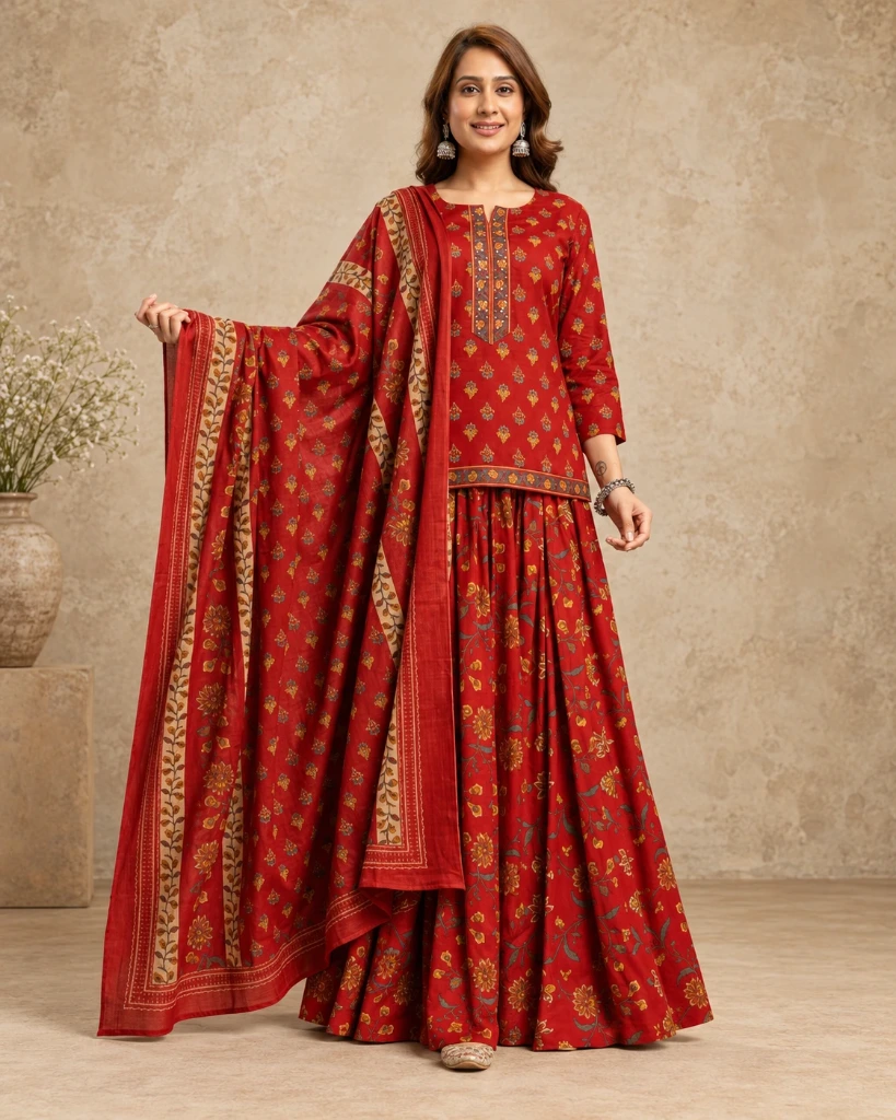 Royal Red Floral Printed Sharara Suit