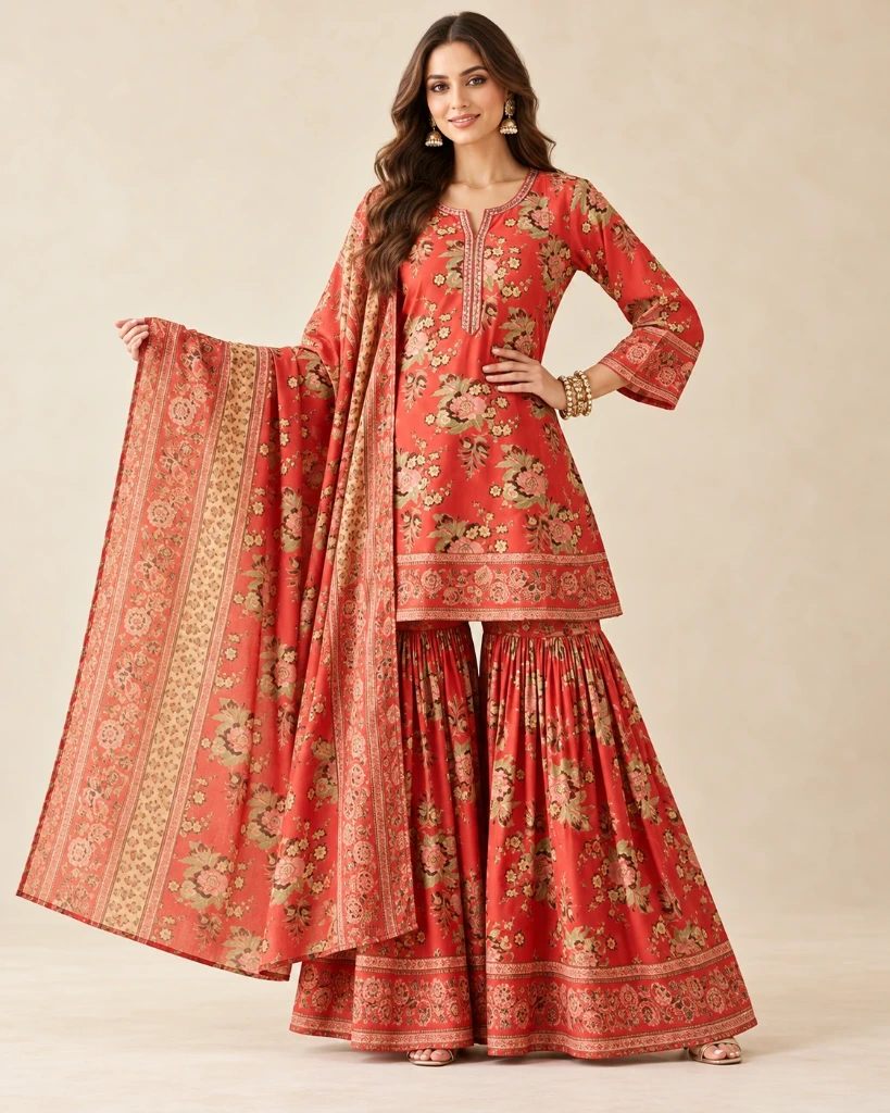 Coral Bloom Floral Printed Sharara Suit Set with Dupatta – 3 Piece