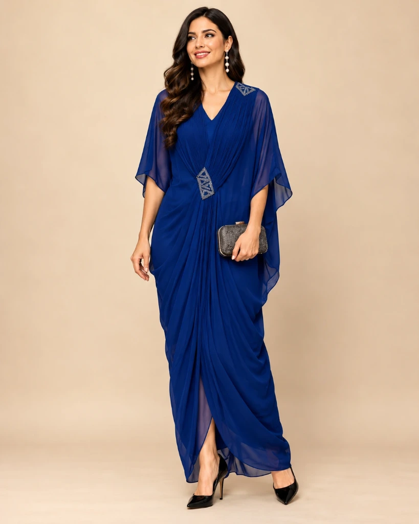 Royal Blue Elegance Draped Kaftan Maxi Dress – Party Wear