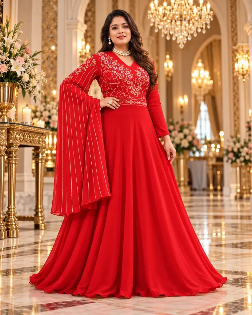 Royal Crimson Red Embroidered Chinnon Anarkali Gown – Elegant Party & Festive Wear