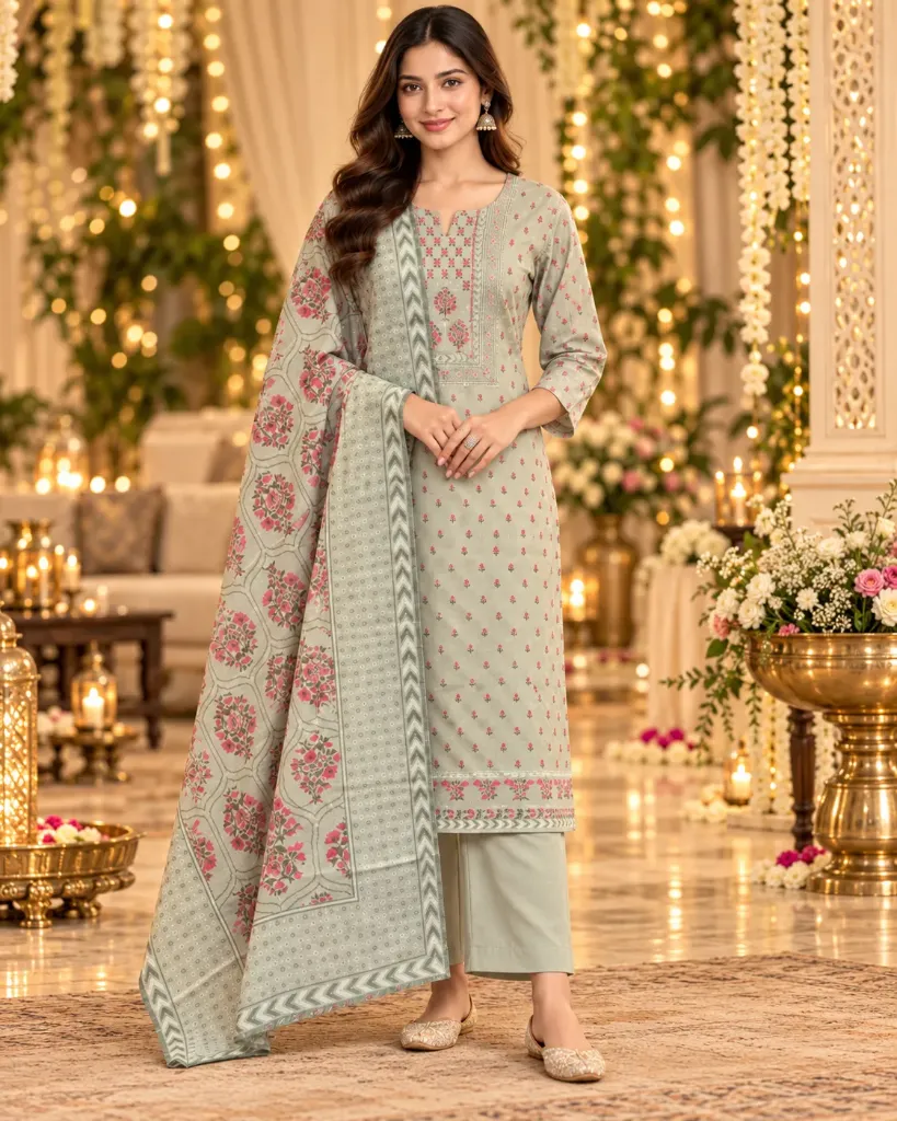 Elegant Sage Green Floral Printed Kurta Pant Set with Dupatta – Women's Ethnic Wear