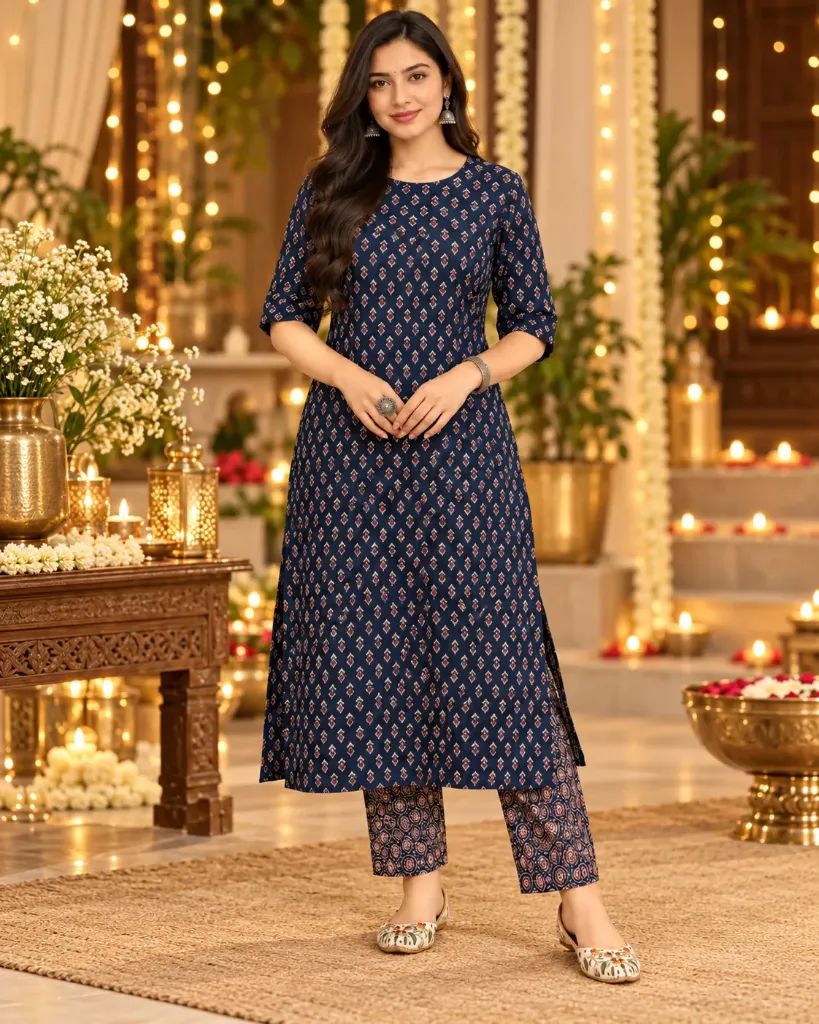 Elegant Navy Blue Printed Kurta Pant Set for Women – Casual & Festive Ethnic Wear