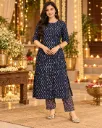 Elegant Navy Blue Printed Kurta Pant Set for Women – Casual & Festive Ethnic Wear