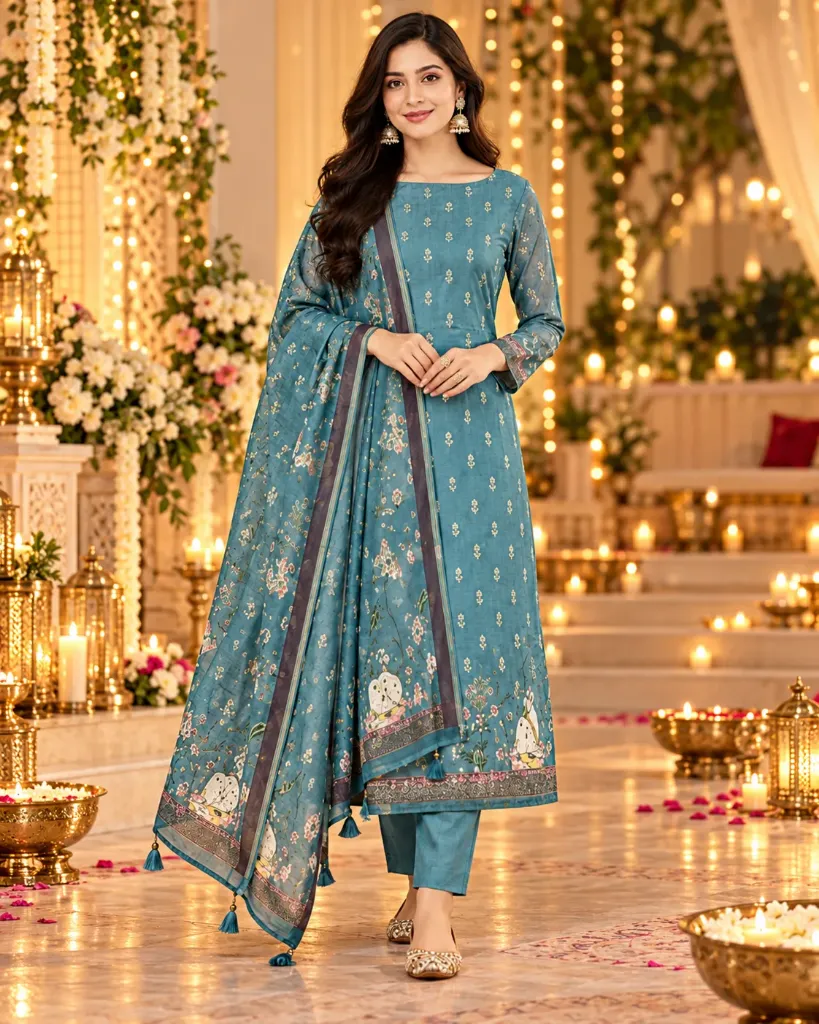 Royal Dusty Blue Floral Printed Kurta Pant Set with Dupatta – Elegant Women's Ethnic Wear