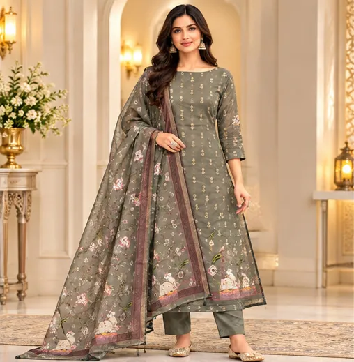 Olive Grey Floral Printed Kurta Pant Set with Dupatta for Women