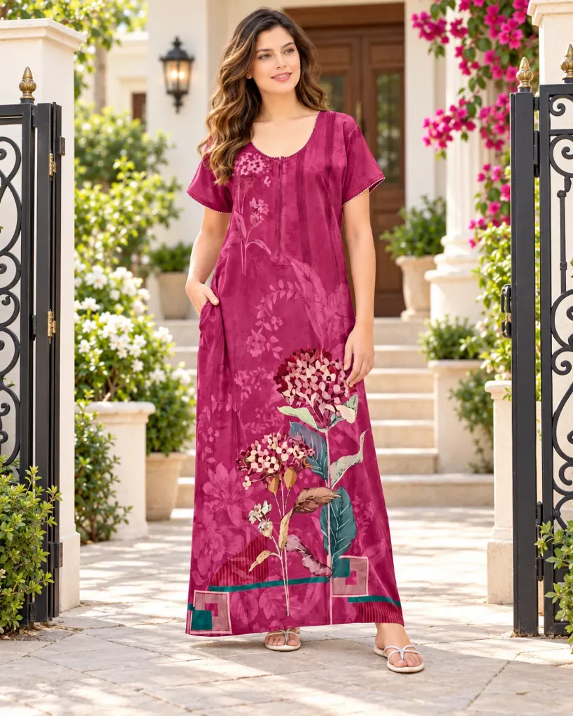 Elegant Magenta Floral Modal Nightgown ("xl")