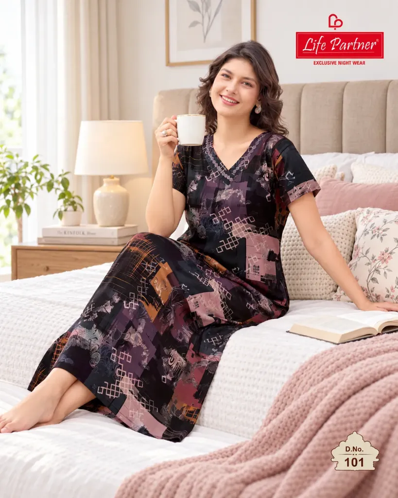 Women's Black Abstract Print Long Nightgown