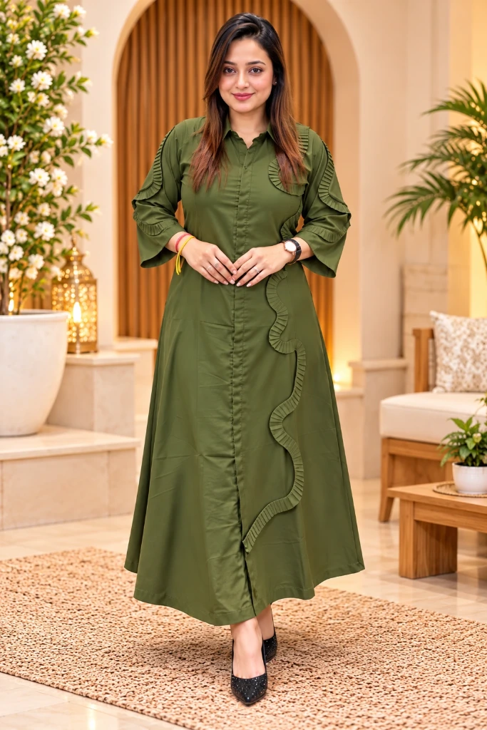 Women's Olive Green Ruffle Maxi Dress