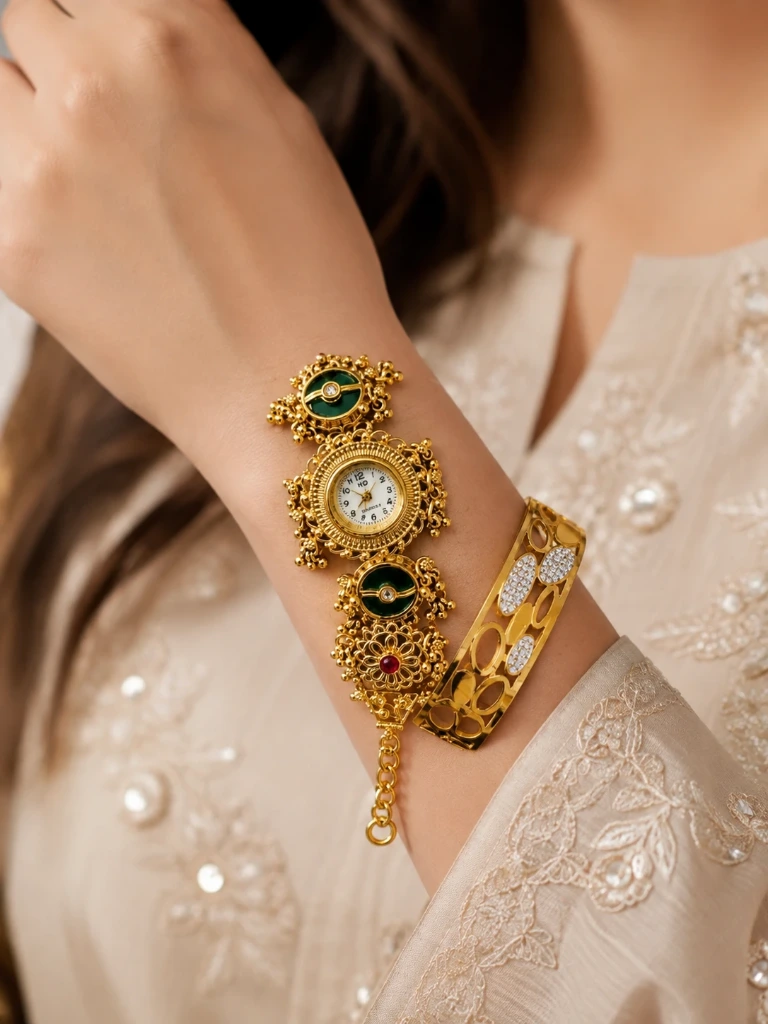 Royal Green Enamel Gold Bracelet Watch & Designer Bangle Set